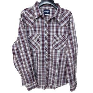 Wrangler Men's Long Sleeve Shirt Pearl Snaps Sz XL Plum Plaid Western Cowboy